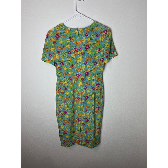 Maggy London Dress Womens 4 Blue Floral Silk Short Sleeve Fitted Sheath Spring - Picture 4 of 6